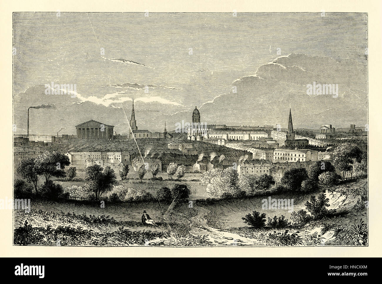 Birmingham, West Midlands, Inglaterra - un viejo grabado c. 1840. Una ciudad de mercado en la edad media, Birmingham creció rápidamente en la revolución industrial Foto de stock