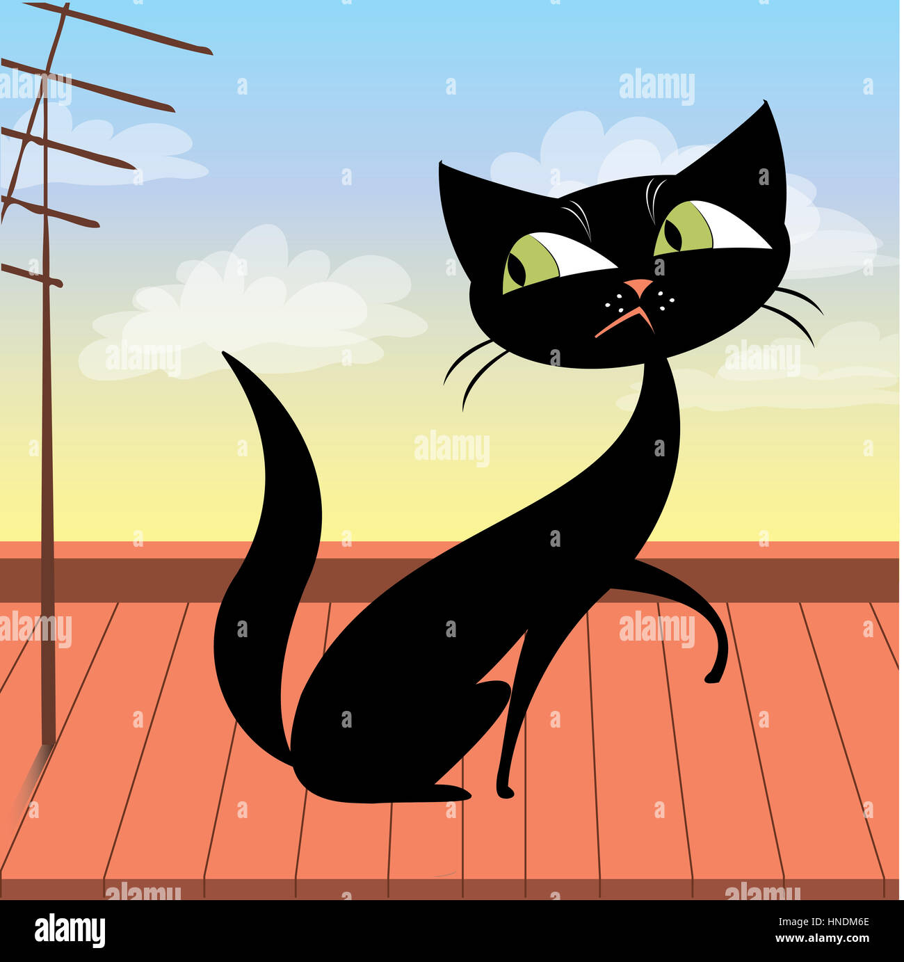 Manchuria Acompañar Fantástico Lindo gato negro en el tejado, ilustración Fotografía de stock - Alamy