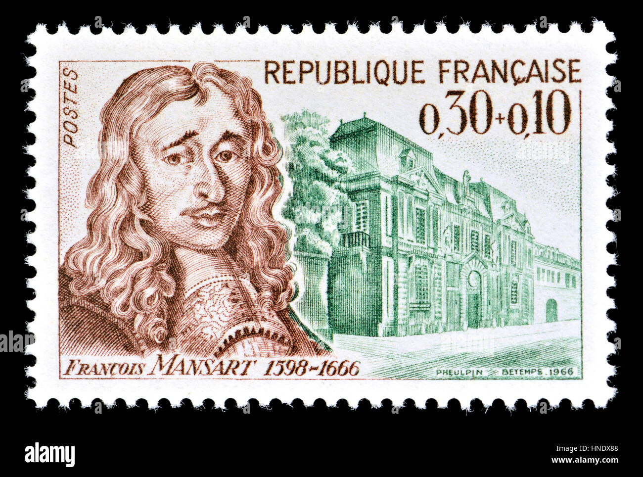 Sello francés (1966): François Mansart (1598 - 1666) arquitecto francés atribuye la introducción del clasicismo en la arquitectura barroca de Francia. Foto de stock