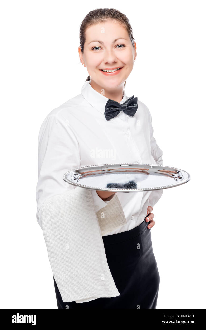 Retrato de una mujer con éxito del camarero con una bandeja sobre un fondo blanco. Foto de stock