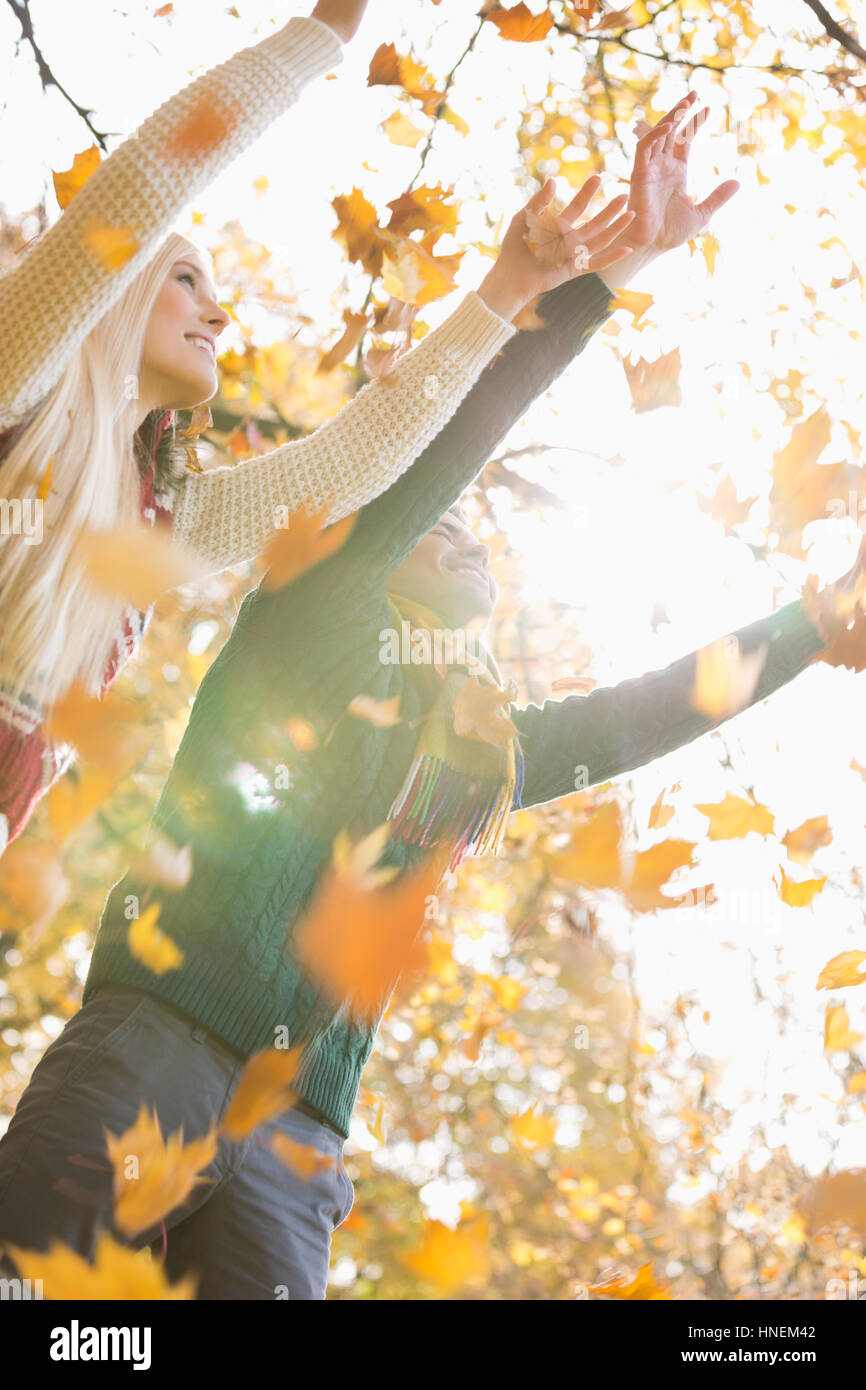 Pareja con los brazos levantados disfrutando de caer hojas de otoño en el parque Foto de stock