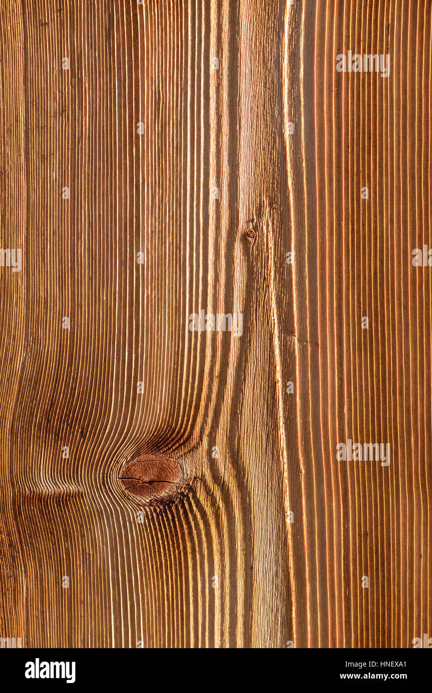 Placa de madera, de color marrón rojizo con anillos de crecimiento knothole, estructura de madera Foto de stock