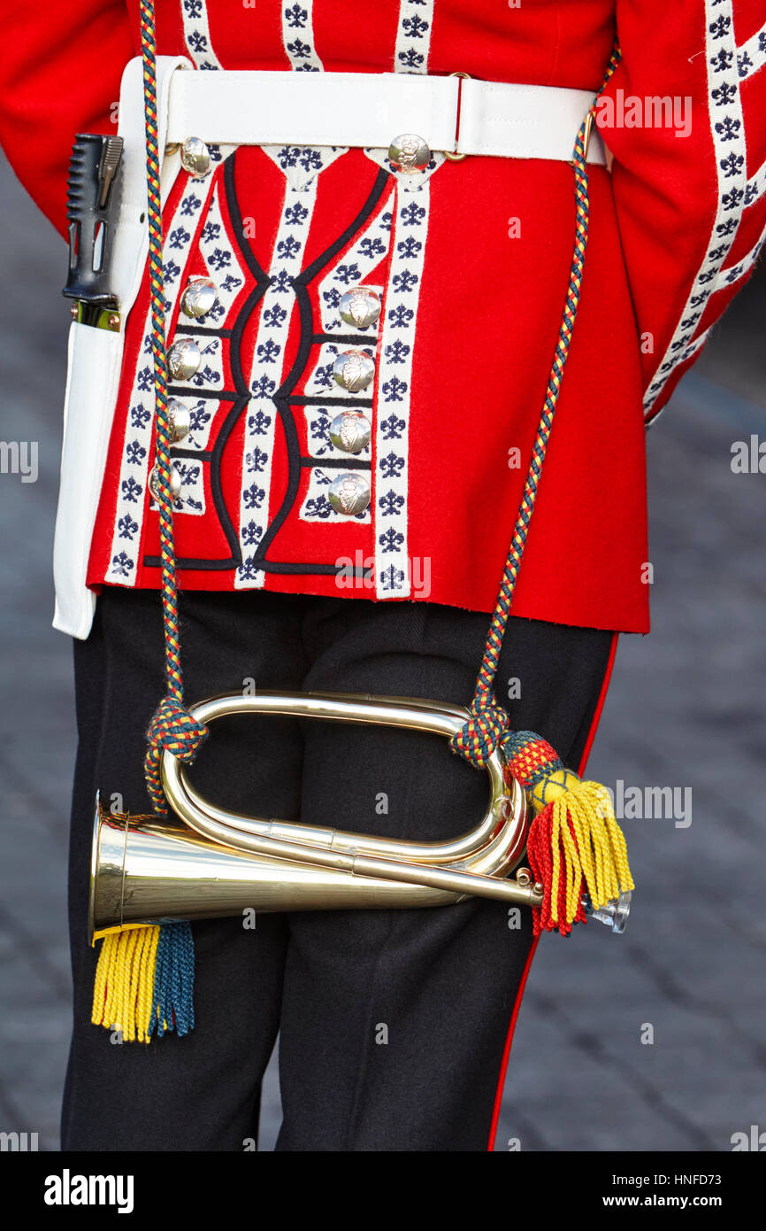 Irish Guards guardia en uniforme de gala con bugle Irlanda del Norte Foto de stock
