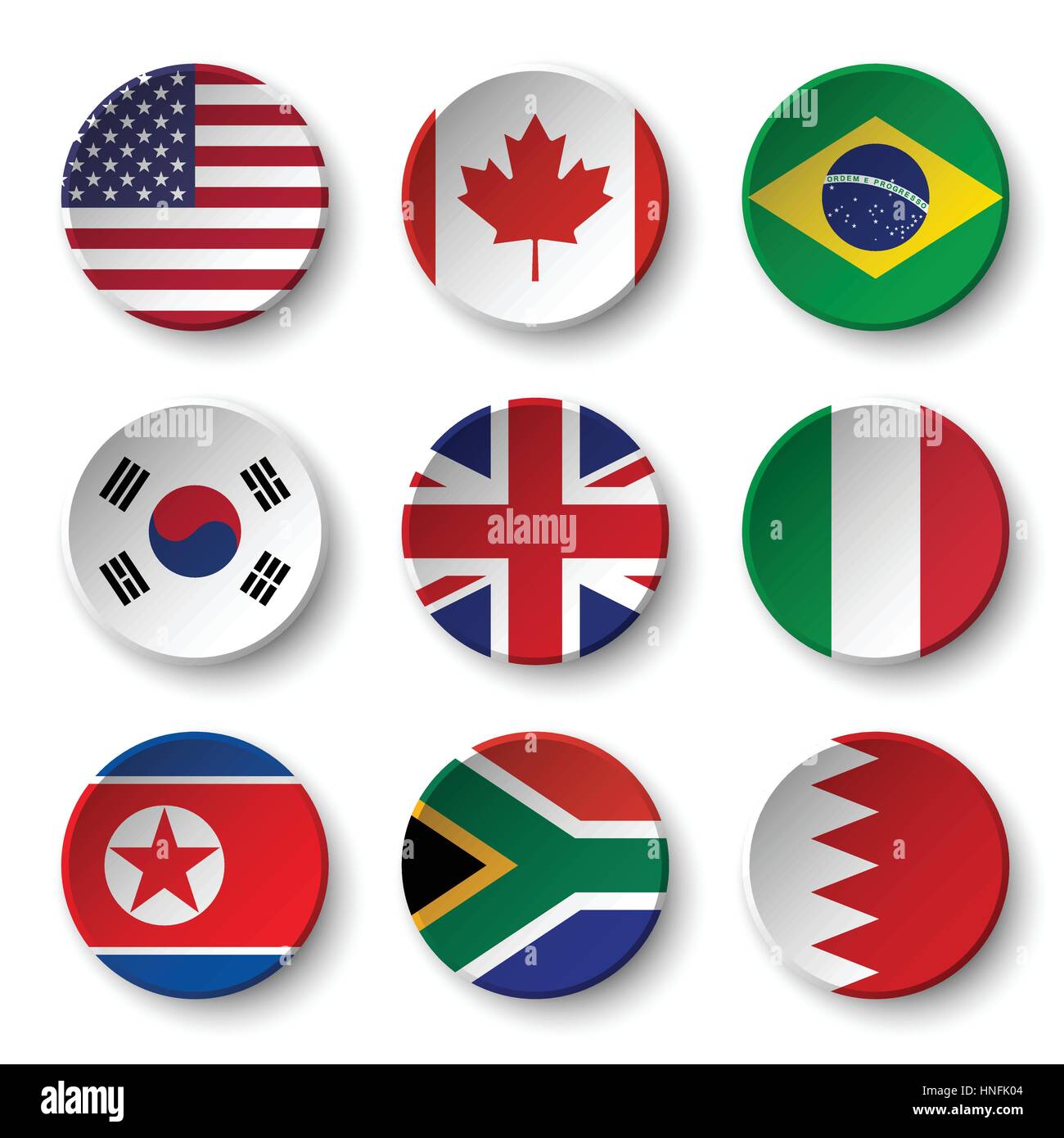Conjunto de indicadores mundiales insignias redonda ( EE.UU. . Canadá . Brasil . Corea del Sur . Reino Unido de Gran Bretaña . Italia . Corea del Norte . África del Sur . Bahrein Ilustración del Vector