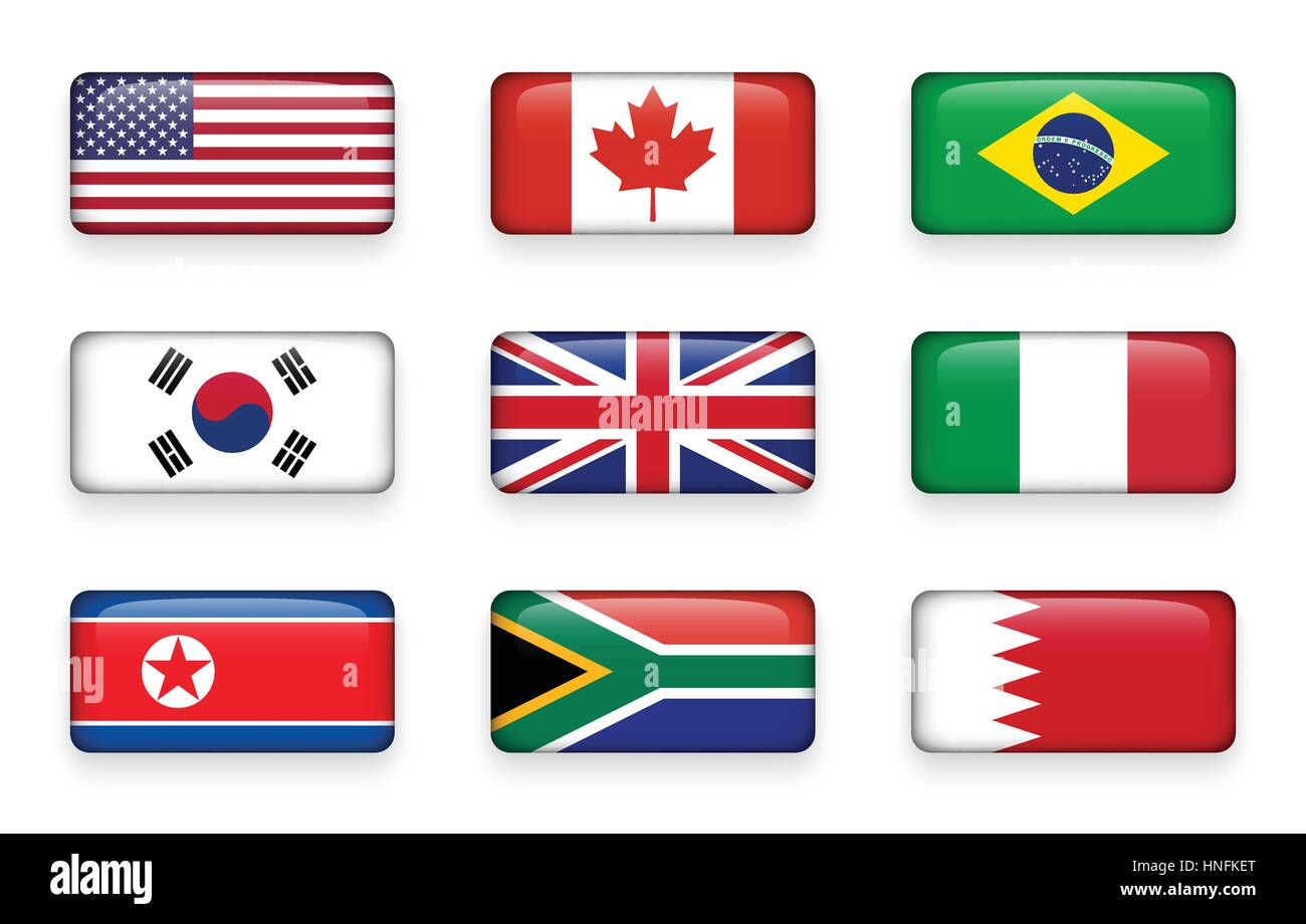 Conjunto de banderas mundial rectángulo redondeado botones ( EE.UU. . Canadá . Brasil . Corea del Sur . Reino Unido de Gran Bretaña . Italia . Corea del Norte . South afric Ilustración del Vector