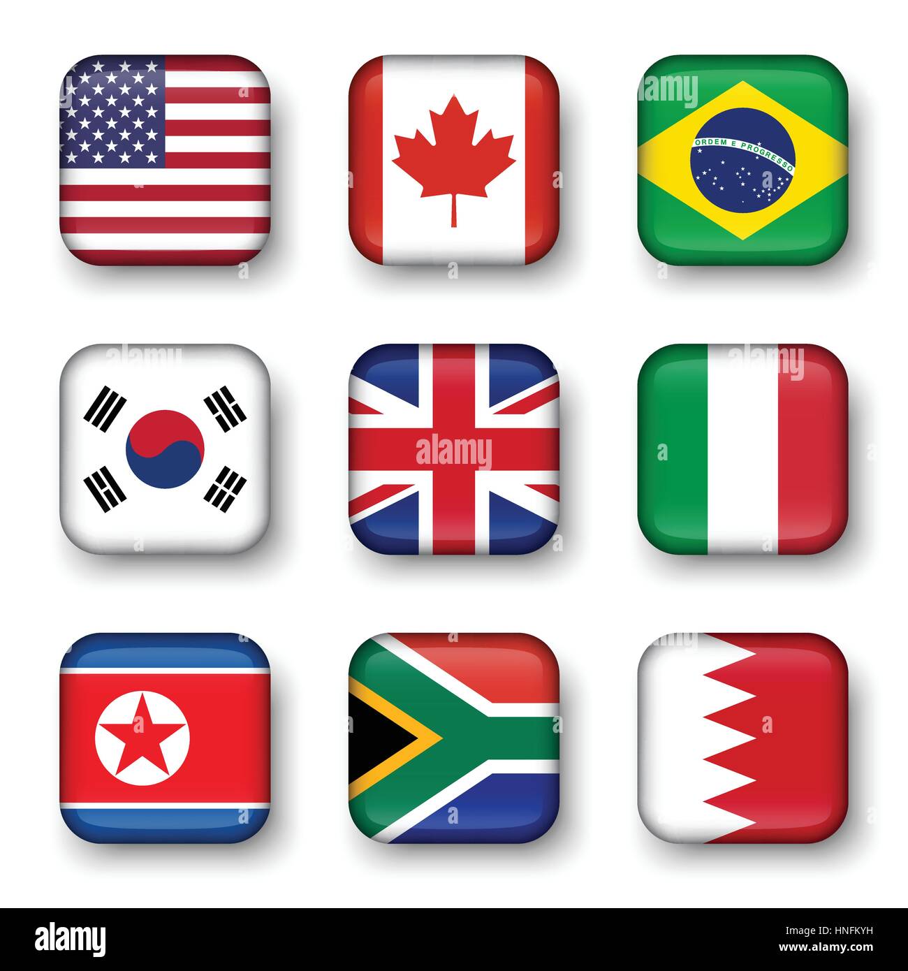 Conjunto de indicadores mundiales insignias cuadrangular ( EE.UU. . Canadá . Brasil . Corea del Sur . Reino Unido de Gran Bretaña . Italia . Corea del Norte . África del Sur . Ilustración del Vector