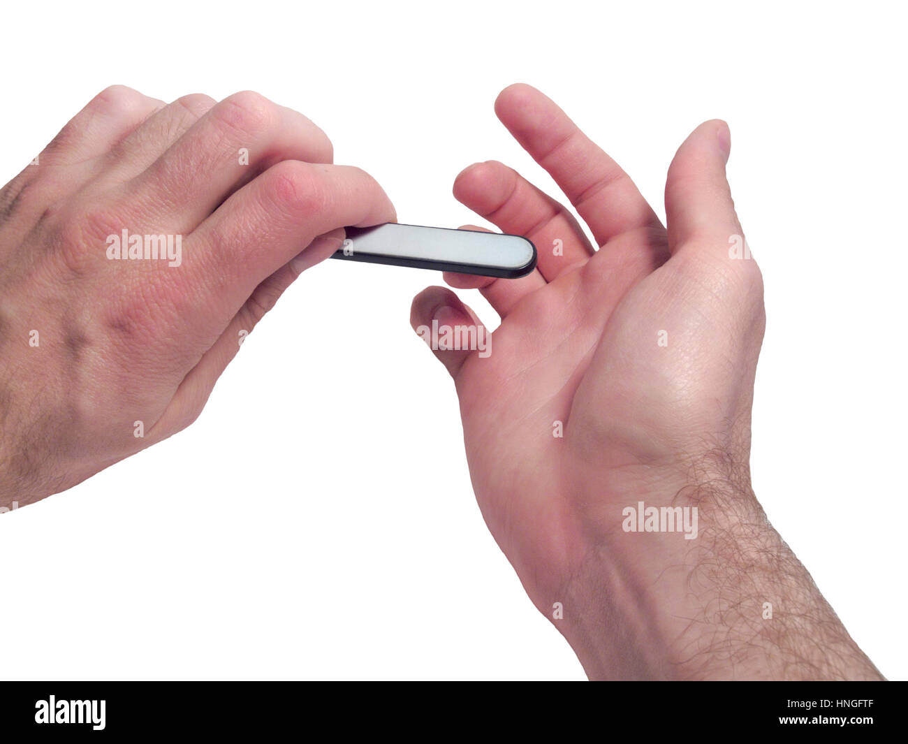 El acicalamiento de clavos en la palma de la mano de un hombre aislado  Fotografía de stock - Alamy