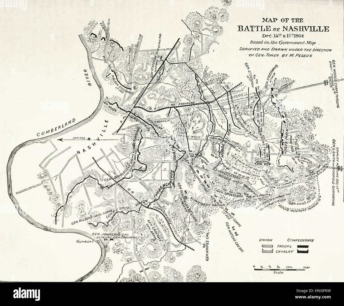 Mapa de la batalla de Nashville, el 15 y 16 de diciembre, 1864. Guerra Civil EE.UU. Foto de stock