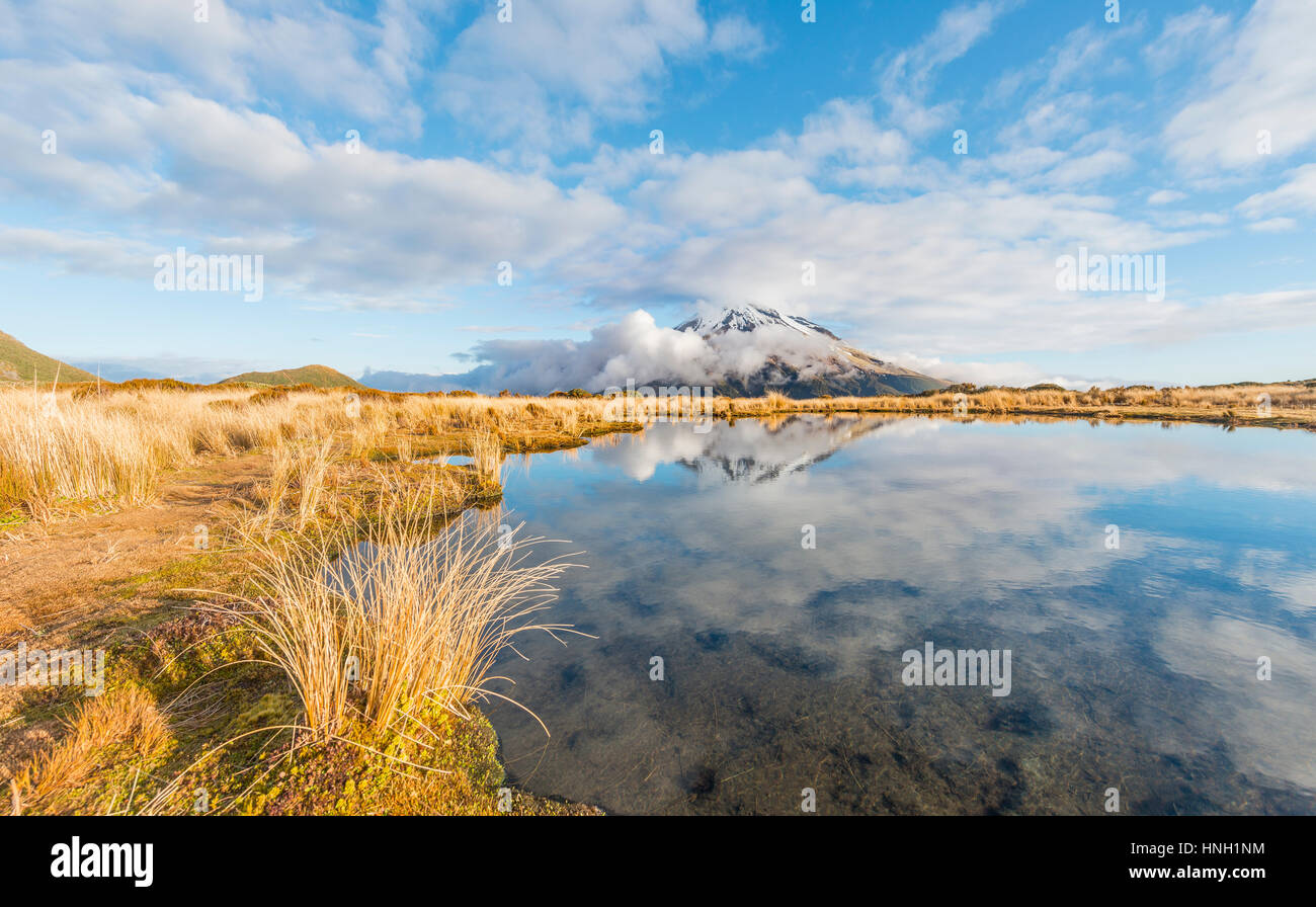 Reflexión en Puakai Tarn, estratovolcán Monte Taranaki o monte Egmont, Parque Nacional Egmont, Taranaki, Nueva Zelanda Foto de stock