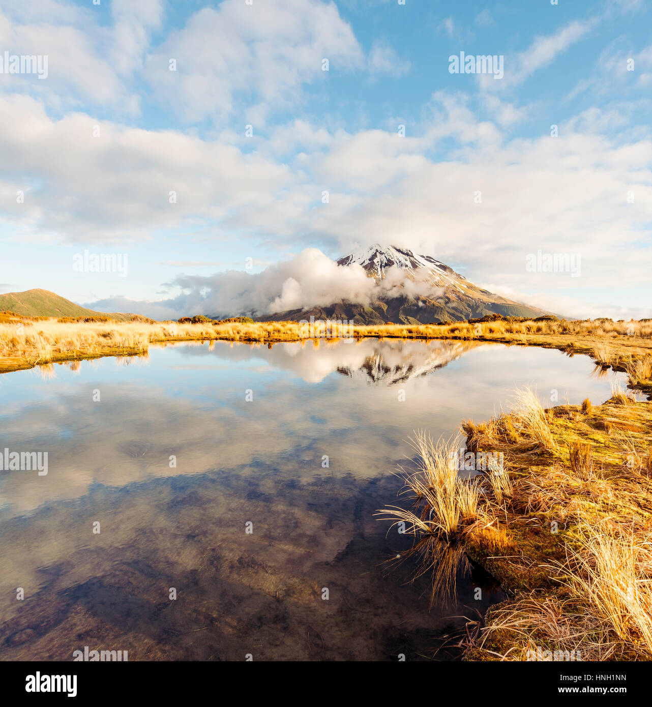 Reflexión en Puakai Tarn, estratovolcán Monte Taranaki o monte Egmont, Parque Nacional Egmont, Taranaki, Nueva Zelanda Foto de stock