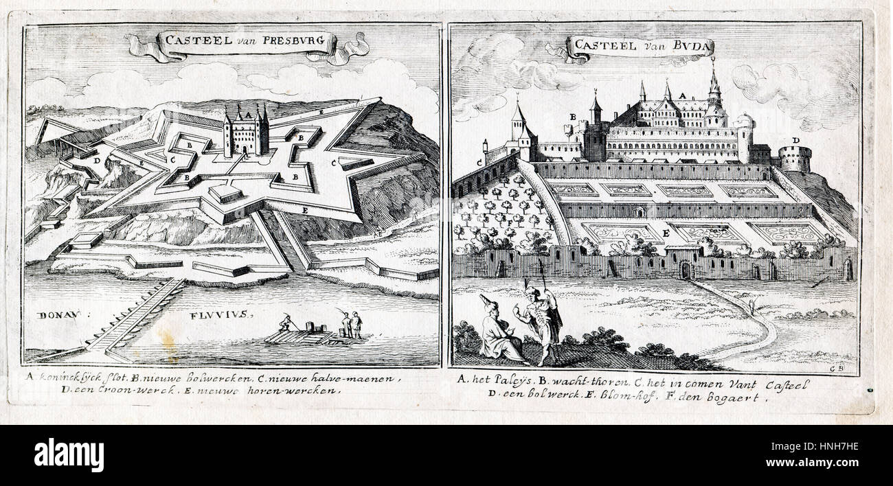 Arte antiguo 1689 Castillo de Presburg(ahora Bratislava, capital de Eslovaquia ) y el Castillo de Buda (ahora Budapest en Hungría)- gran guerra turca Foto de stock