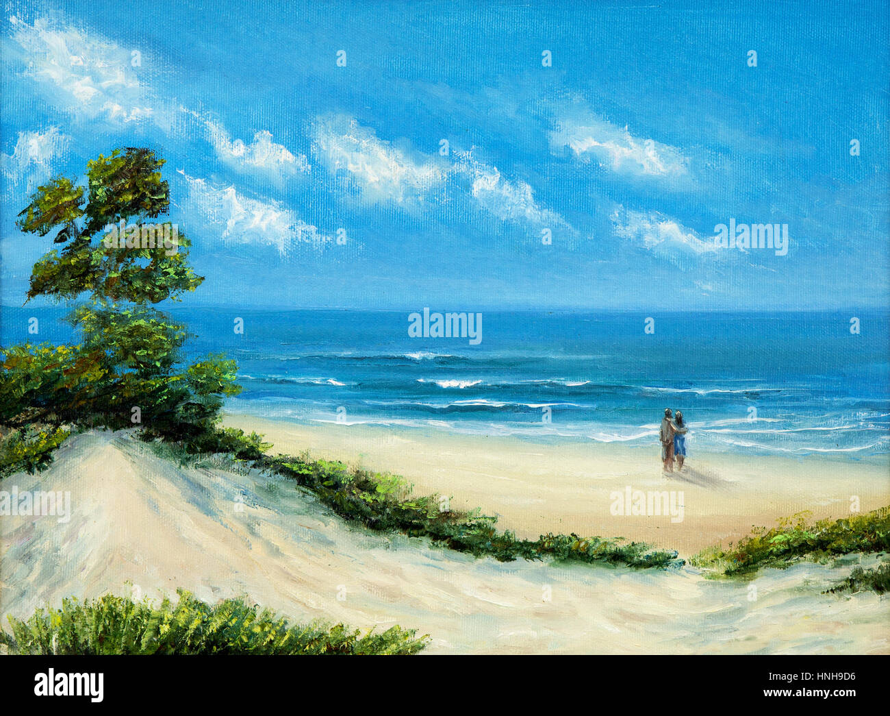 Pintura al óleo original del Océano y la playa sobre lienzo.joven pareja  disfrutando del paisaje.impresionismo moderno Fotografía de stock - Alamy