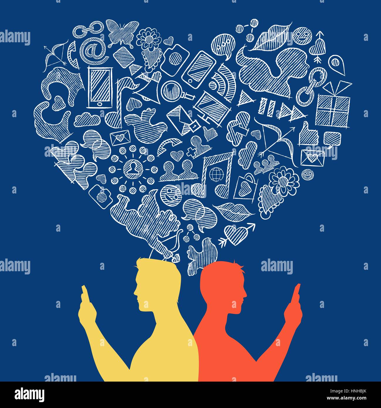 Internet medios sociales gay love ilustración del concepto. Dos hombres pareja en mobile con iconos dibujados a mano en forma de corazón. Vector EPS10. Ilustración del Vector