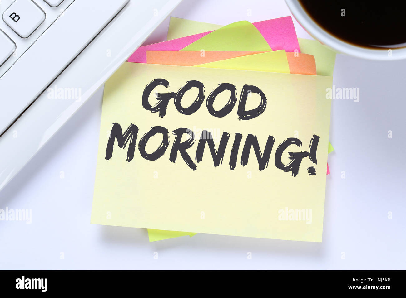 Buenos días hola saludo mensaje de bienvenida del teclado de la computadora de escritorio Foto de stock