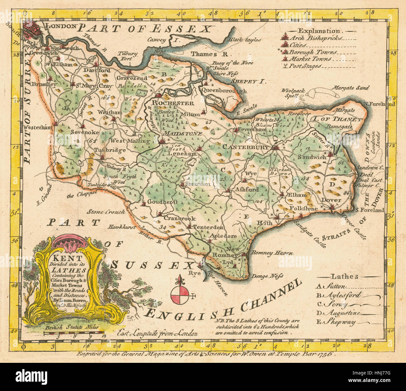 Mapa de Kent 1756 Foto de stock
