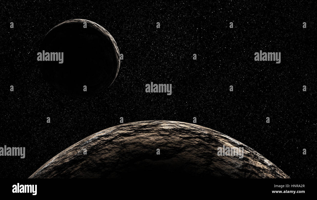 Espacio ficticio realista escena: dos planetas rocosos en profundo espacio estrellado. Foto de stock