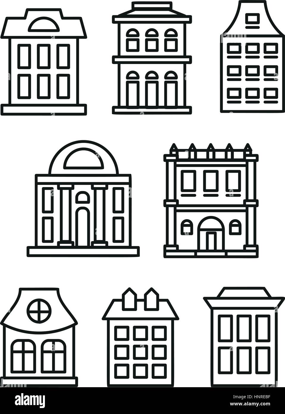 Aislados de color blanco y negro de baja altura estilo casas municipales en lineart colección de iconos, elementos de ilustraciones vectoriales de edificios de arquitectura urbana. Ilustración del Vector