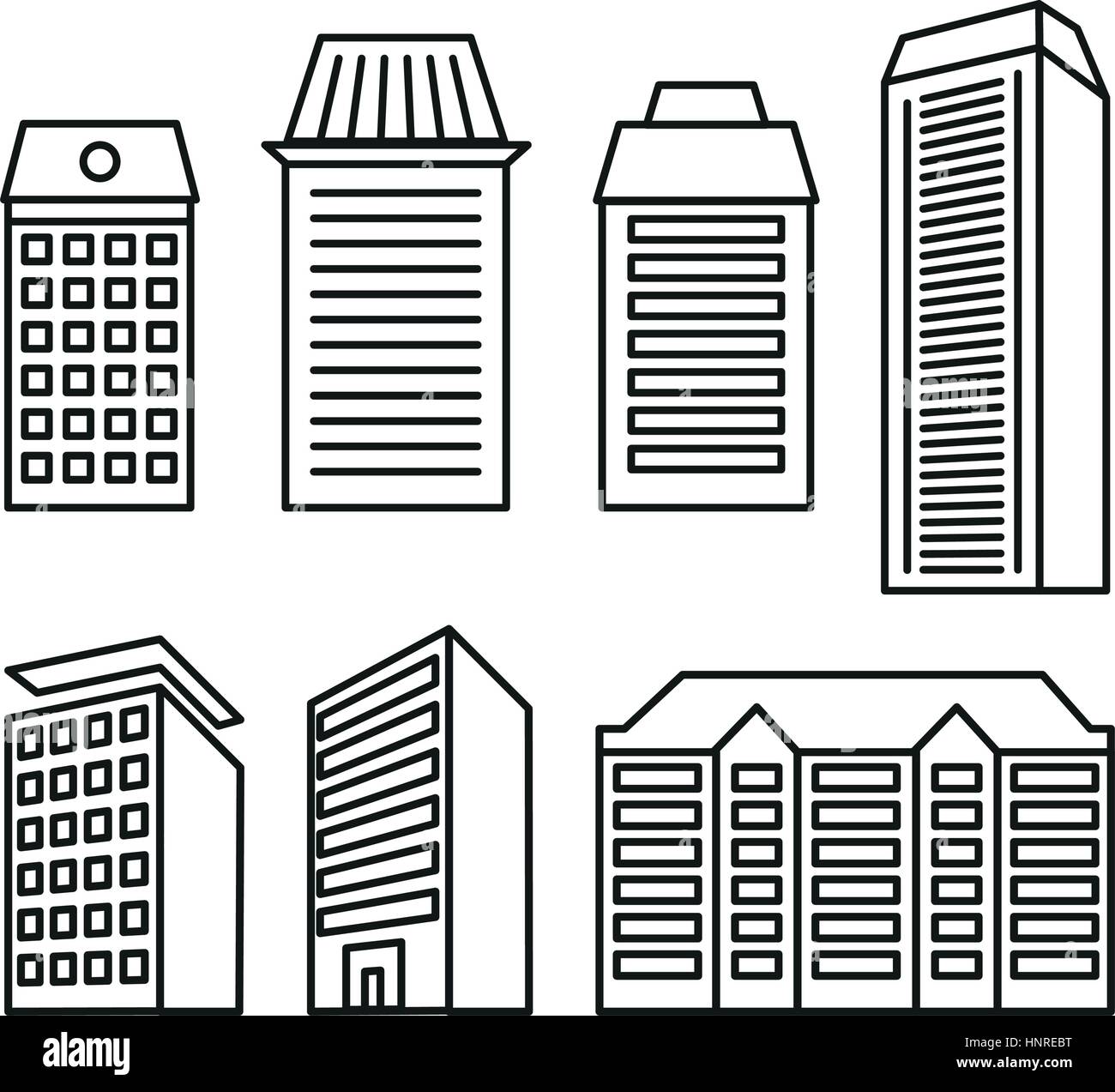Aislados de color blanco y negro bloques de pisos y casas de baja altura en lineart colección de iconos de estilo, elementos de ilustraciones vectoriales de edificios de arquitectura urbana. Ilustración del Vector