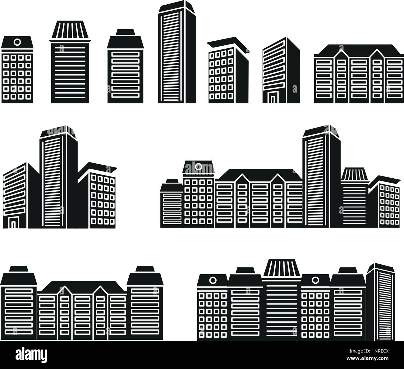Aislados de color blanco y negro rascacielos y casas de baja altura en lineart colección de iconos de estilo, paisaje urbano de edificios arquitectónicos ilustraciones vectoriales. Ilustración del Vector