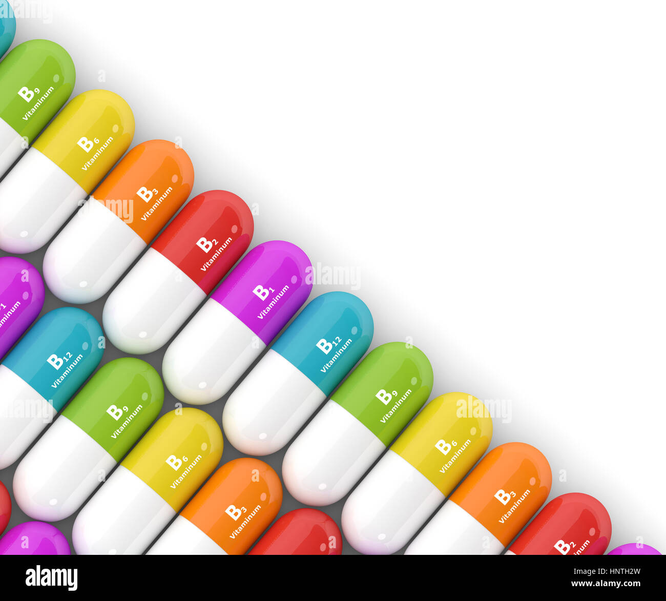 3D rendering de píldoras de vitaminas del grupo B, con lugar para el texto  Fotografía de stock - Alamy