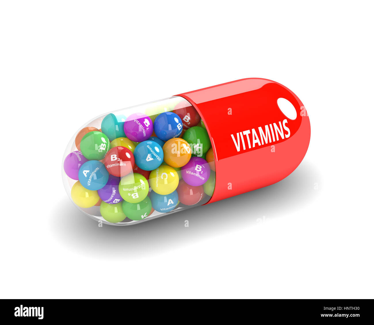 3D rendering de píldora de vitaminas con gránulos sobre fondo blanco. Foto de stock