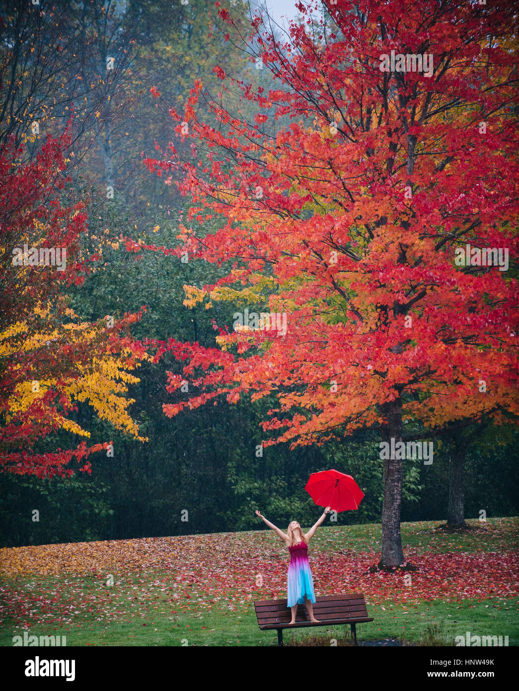 Mujer caucásica sosteniendo paraguas en la lluvia en un banco del parque Foto de stock