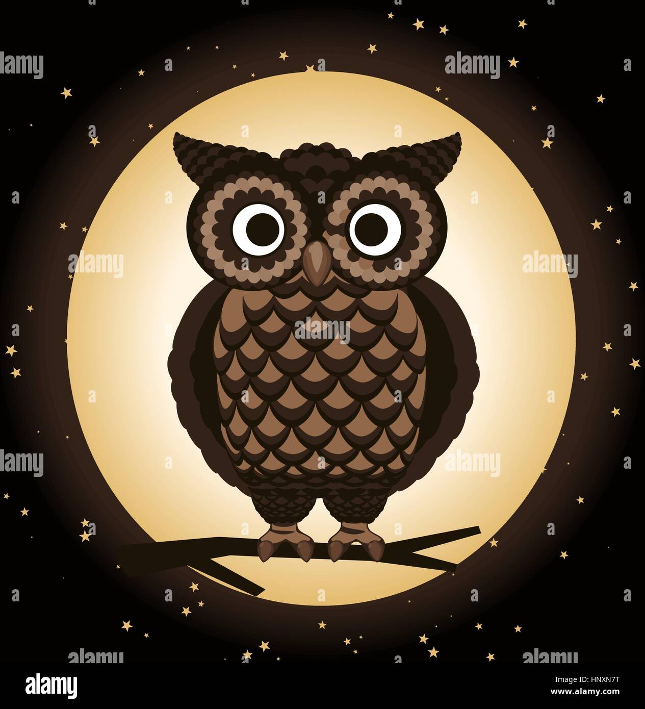 Owl donde se posan en la noche, Brown bird. Con la luna y las estrellas ilustración vectorial. Ilustración del Vector