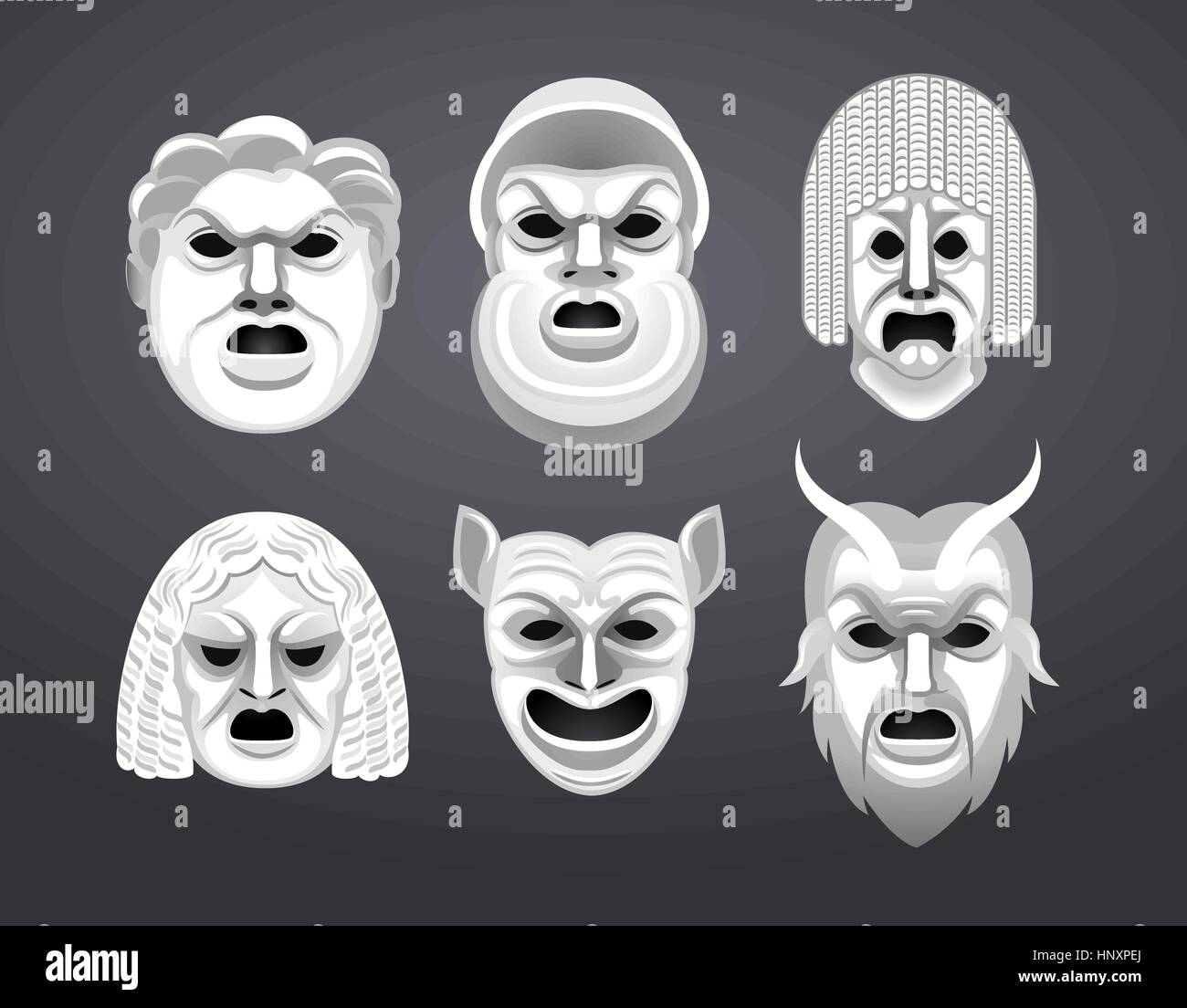 Conjunto de máscara de teatro griego ilustración vectorial de dibujos animados. Ilustración del Vector
