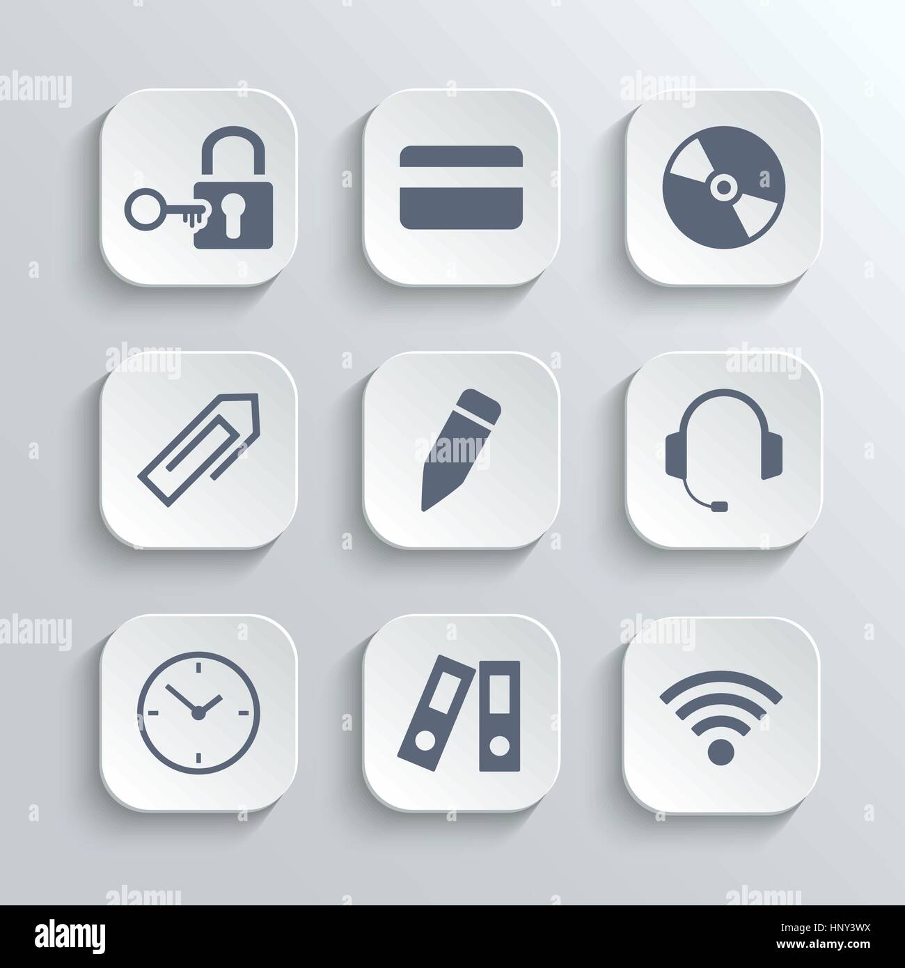 Iconos de Office vector set - app botones blancos con llave tarjeta de  crédito pen clip disco auriculares carpeta reloj zona wi-fi Imagen Vector  de stock - Alamy