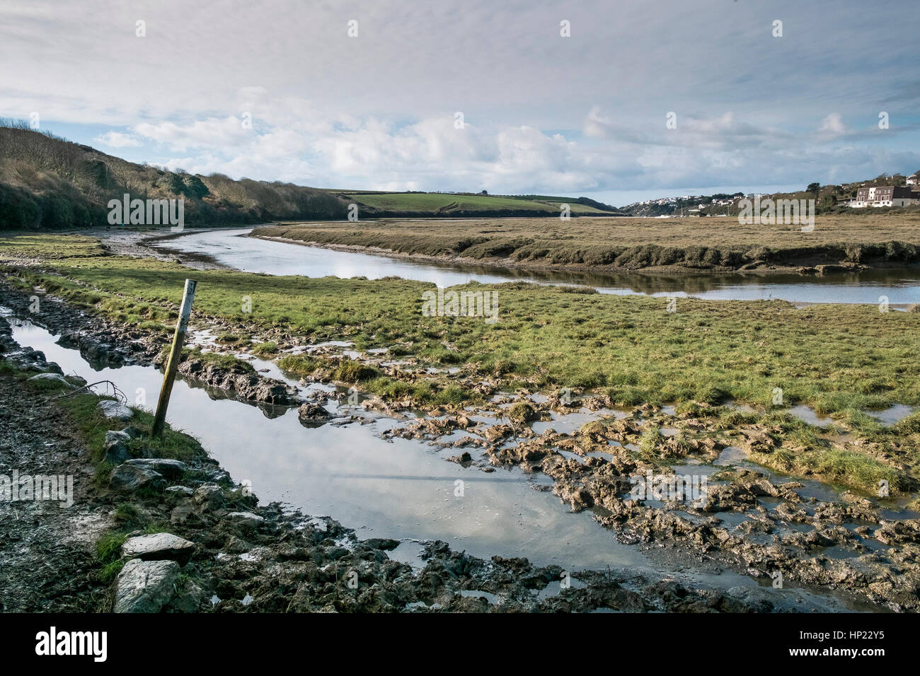 Un sendero junto al río Gannel dañados por el uso continuo por caballos. Newquay, Inglaterra, Reino Unido. Foto de stock