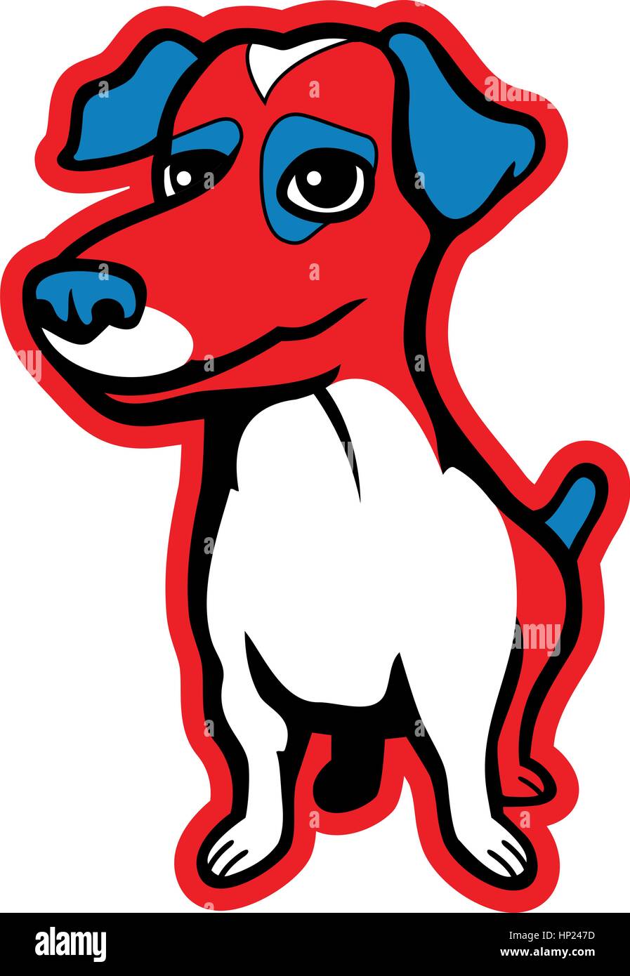 Una caricatura de rojo y azul perro Jack Russell Terrier. Ilustración del Vector