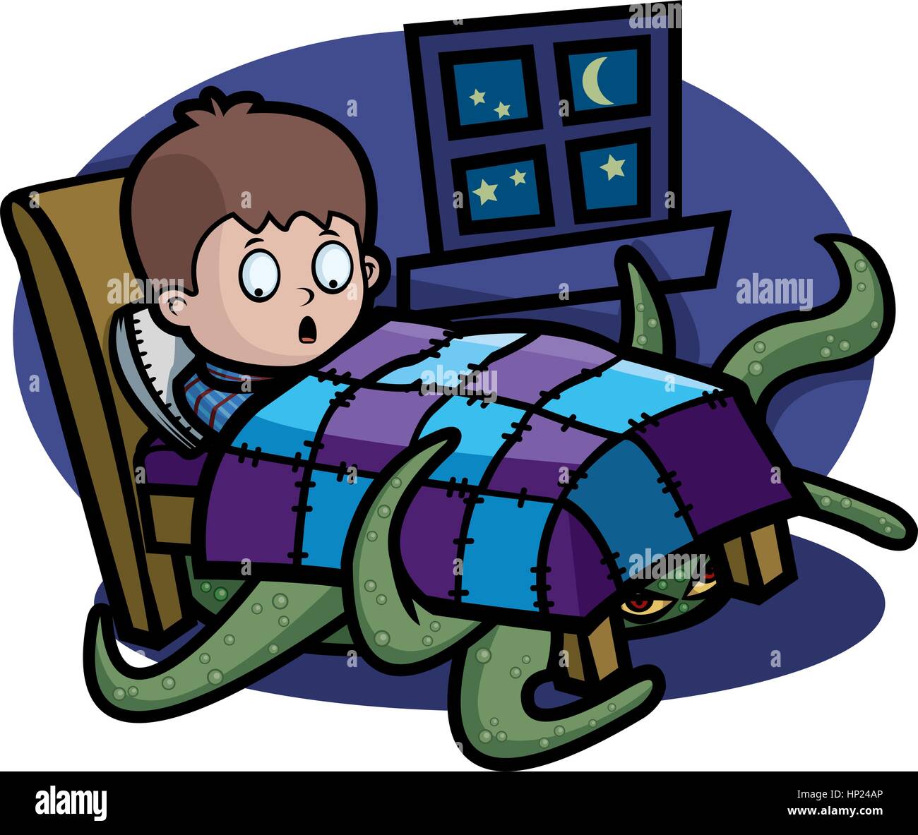 Un niño de dibujos animados en la cama con un monstruo debajo de ella  Imagen Vector de stock - Alamy