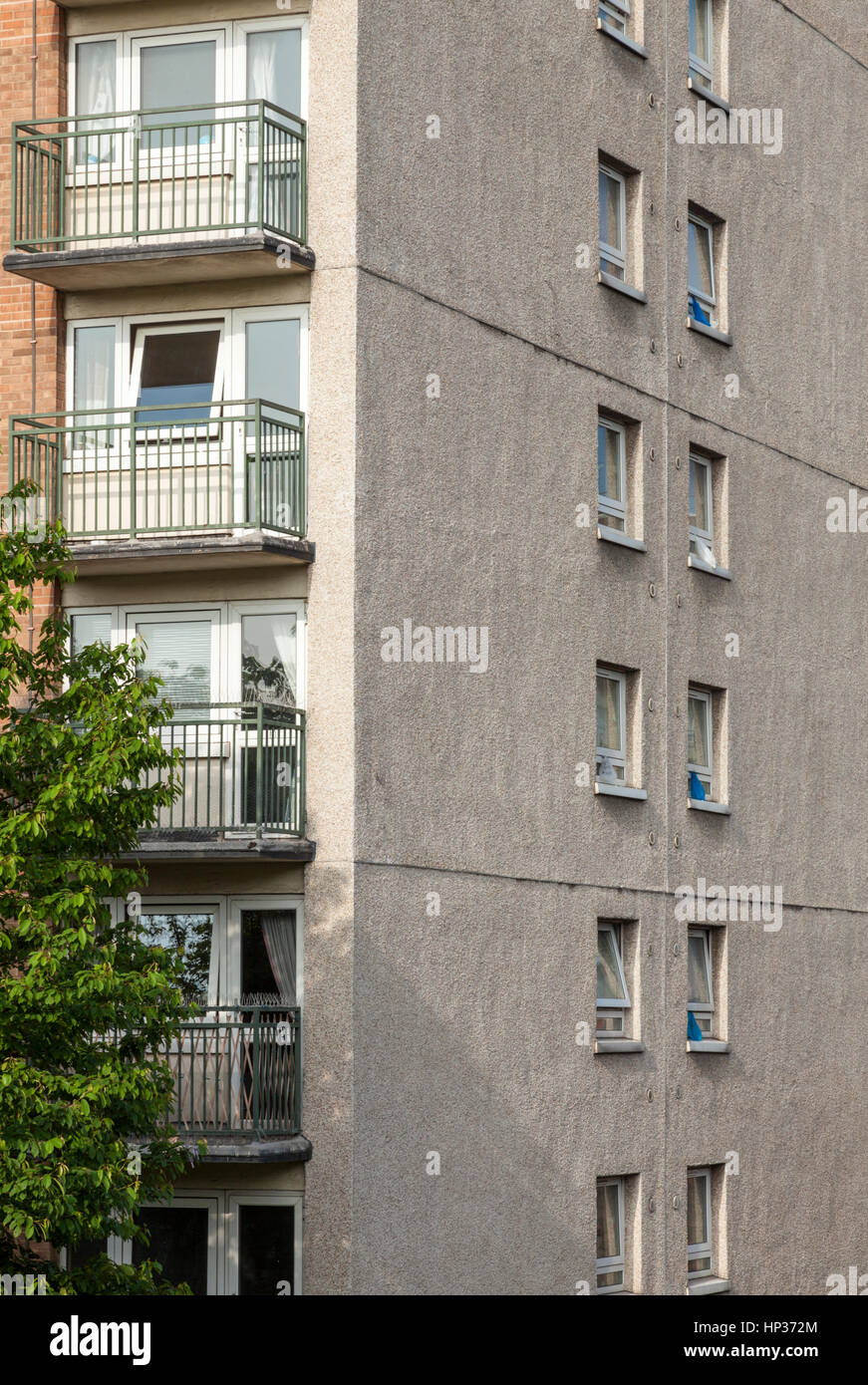 Ventanas y balcones de pisos en una torre alta, Nottingham, Inglaterra, Reino Unido. Foto de stock