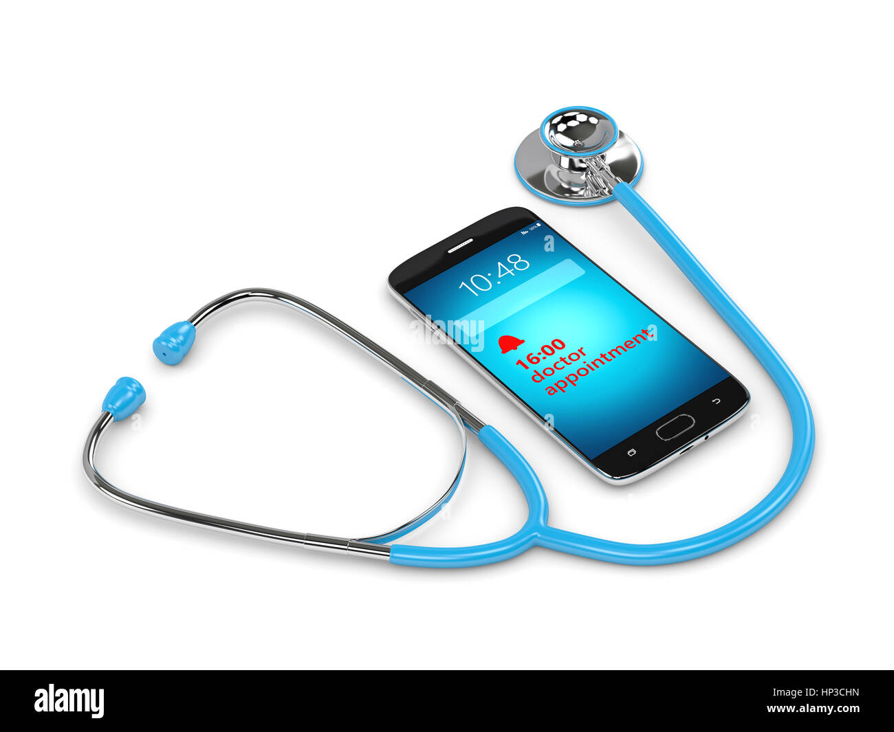 Representación 3D de azul estetoscopio y teléfono móvil con aviso de cita sobre fondo blanco. Foto de stock