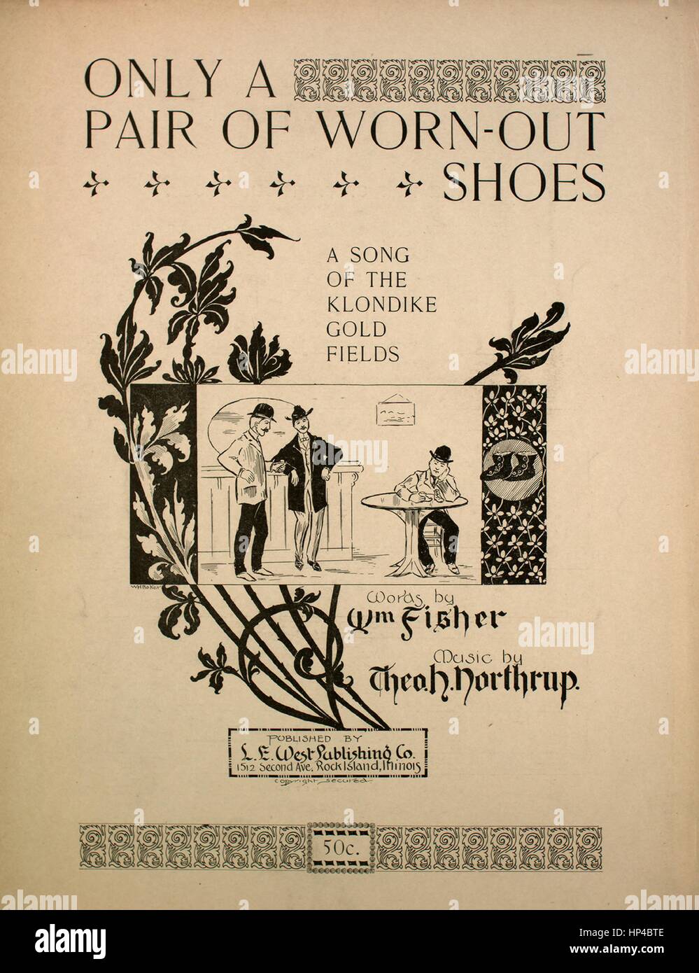 Imagen de cubierta de partituras de la canción "Sólo un par de zapatos  Worn-Out una canción del Klondike Gold Fields", con notas de autoría  original leyendo 'palabras por Wm Fisher música por