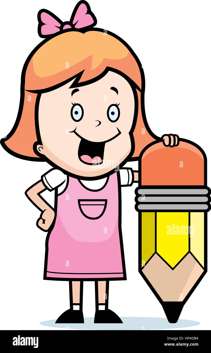 Una niña de dibujos animados feliz con un lápiz Imagen Vector de stock -  Alamy