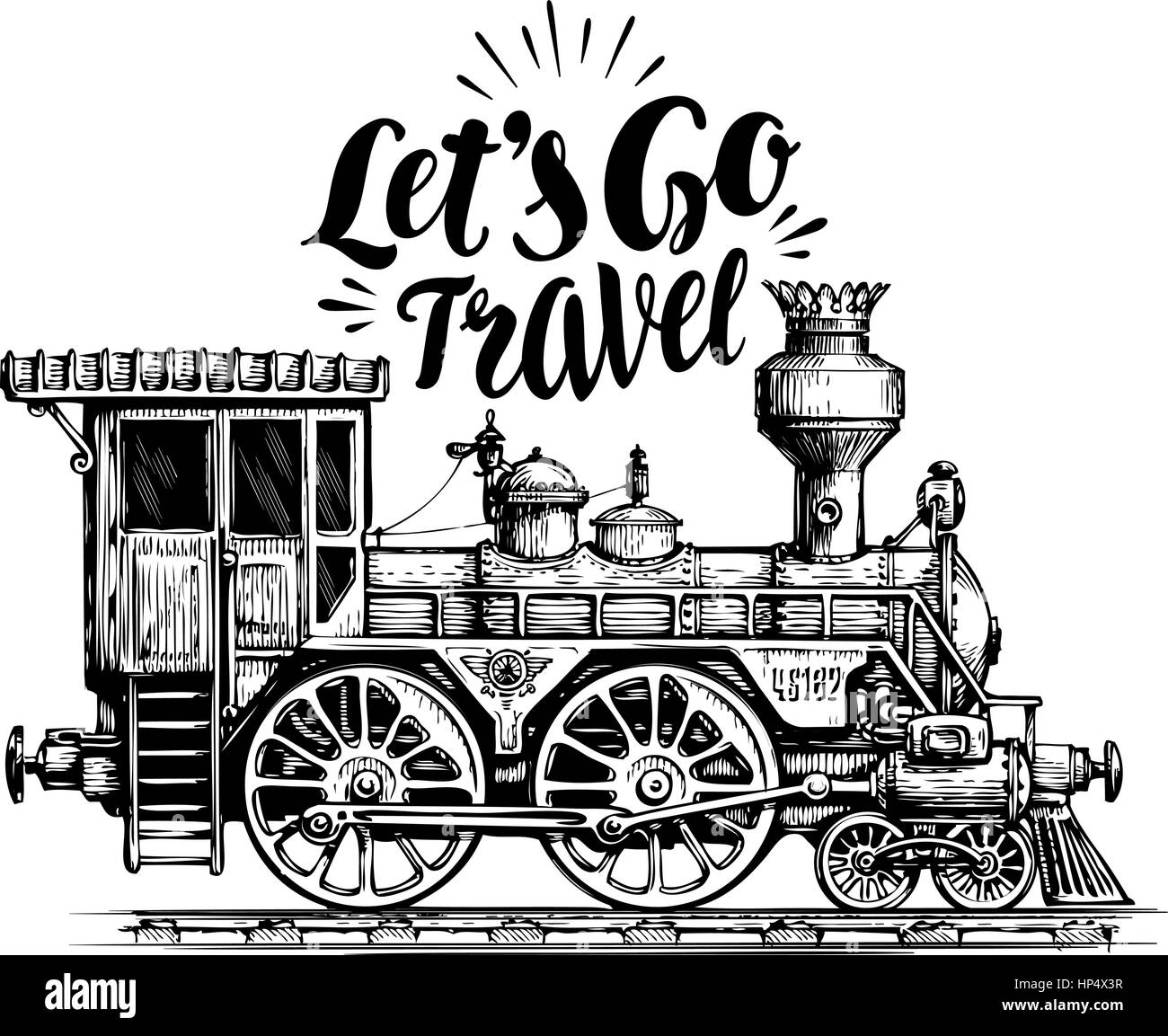 Locomotora vintage dibujados a mano, un tren de vapor, transporte. Máquina ferroviaria ilustración vectorial, sketch Ilustración del Vector