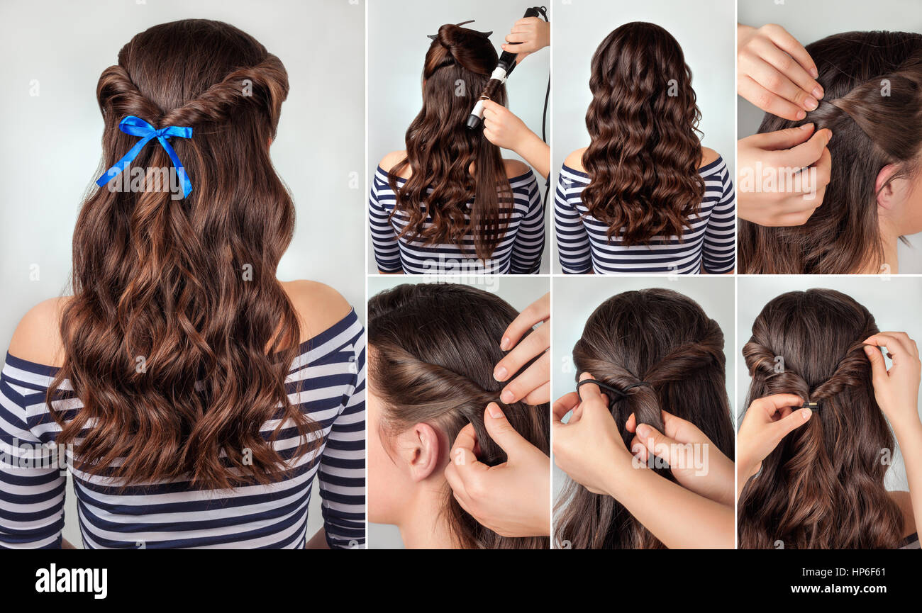 Peinado trenzado sobre el cabello rizado tutorial Peinados para cabello  largo Estilo de mar Fotografía de stock  Alamy