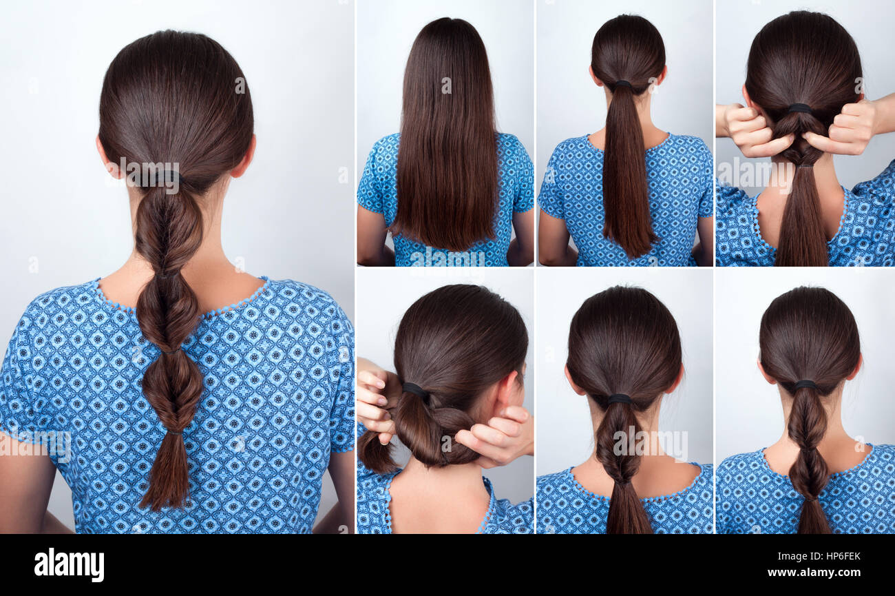 Peinado simple cola de caballo trenzado con scrunchy tutorial. Tutorial de  peinados para cabello largo. Peinado Fotografía de stock - Alamy