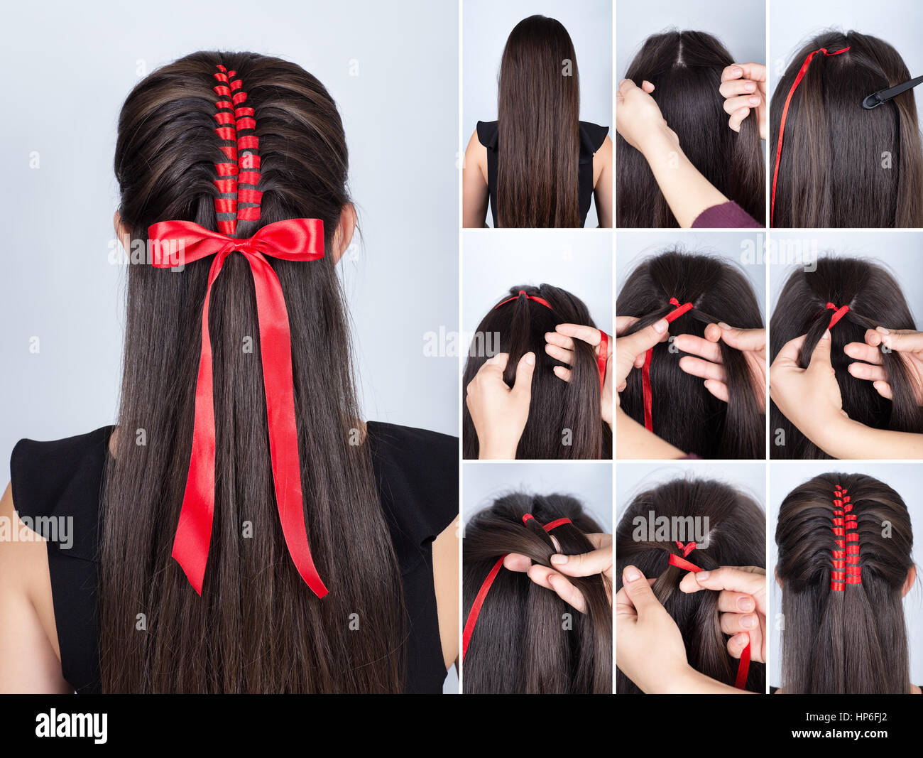 Peinados para cabello largo Trenzado simple peinado con cinta roja para  celebrar el año nuevo Peinado Tutorial Modelo de cabello Fotografía de  stock  Alamy