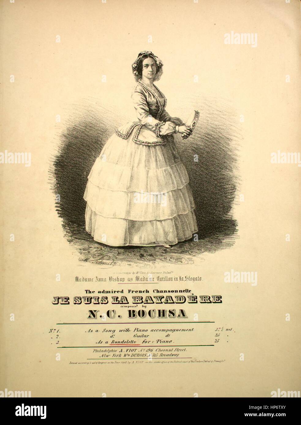 Imagen de cubierta de partituras de la canción "Je suis La Bayadere [arr]  Como Rondoletto para piano", con notas de autoría original leyendo  'compuesto por NC Bochsa', Estados Unidos, 1849. El editor