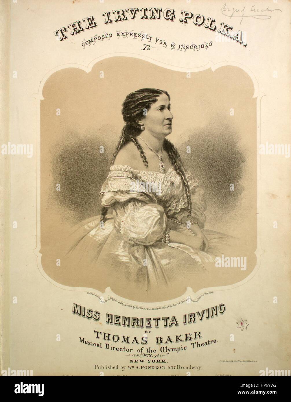 Imagen de cubierta de partituras de la canción "El Irving Polka", con notas de autoría original leyendo 'compuesto por Thomas Baker, Director Musical del Teatro Olímpico, NY, Estados Unidos, 1864. El editor está clasificada como 'Wm. A. estanque y Co., 547 Broadway", la forma de composición es 'da capo', la instrumentación es 'Piano', la primera línea dice 'Ninguno', y la ilustración artista está clasificada como 'Lith. de envergadura y Knapp, 449 Broadway, New York; Engd. En Clayton's". Foto de stock