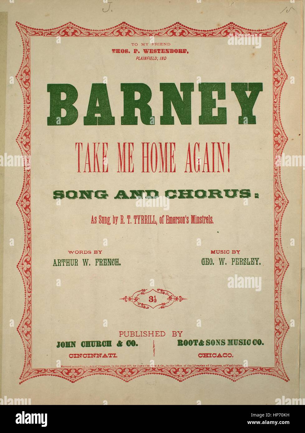 Imagen De Cubierta De Partituras De La Cancion Barney Llevame A Casa De Nuevo Y El Coro De La Cancion Con Notas De Autoria Original Leyendo Palabras Por Arthur W La Musica