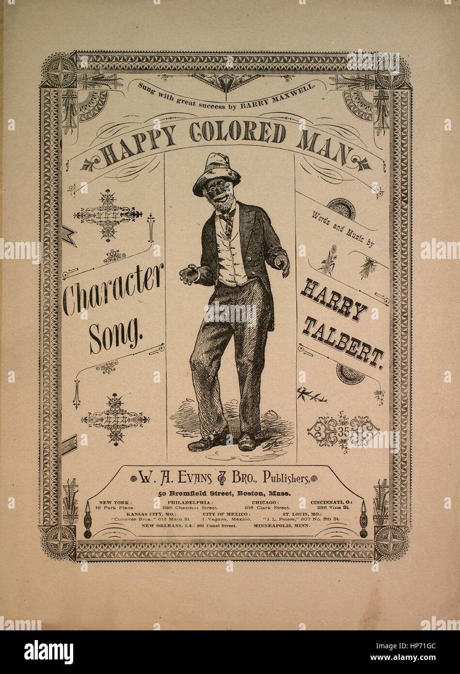 Imagen de cubierta de partituras de la 'Feliz hombre de color de caracteres", con canciones de la autoría original notas leyendo 'Palabras y música por Harry Estados Unidos, 1883. El