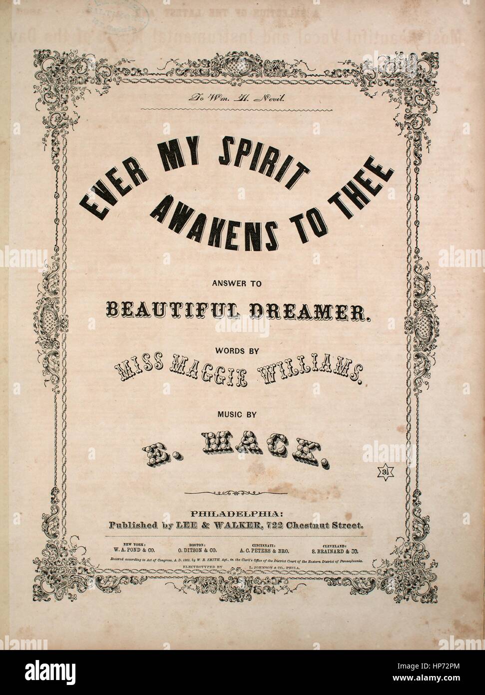 Imagen De Cubierta De Partituras De La Cancion Nunca Mi Espiritu Se Despierta Para Ti Respuesta A Beautiful Dreamer Con Notas De Autoria Original Leyendo Palabras Por Miss Maggie Williams Musica Por