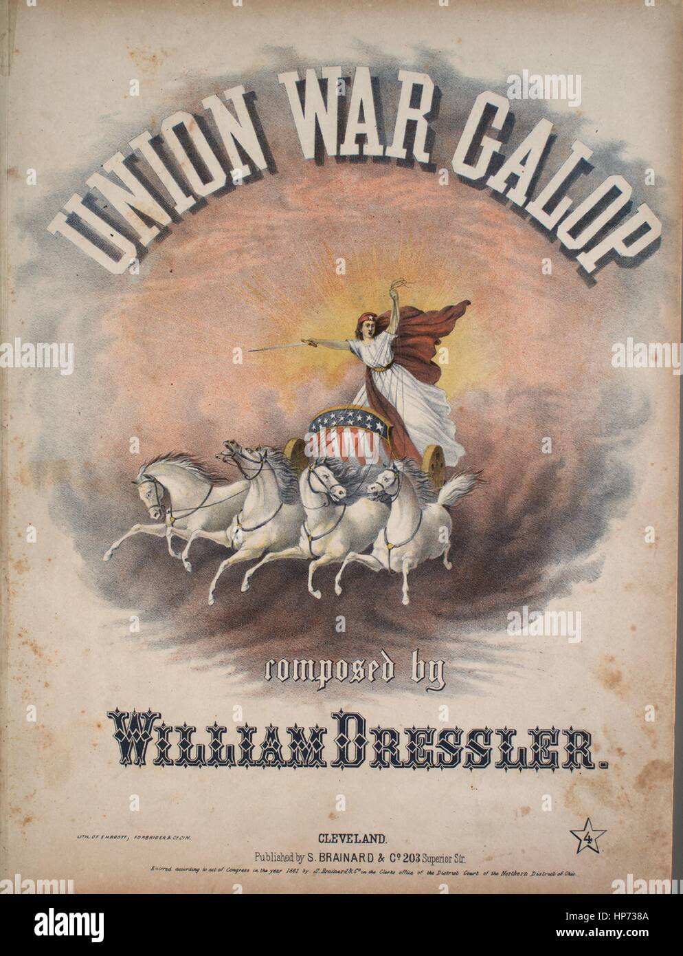 Imagen de cubierta de partituras de la canción "Unión Guerra Galop introduciendo la libertad Duett de I Puritani", con notas de autoría original leyendo 'compuesto por William Dressler', Estados Unidos, 1861. El editor está listada como 'S. Brainard y Co., 203 Superior St.', la forma de composición es 'da capo' con la coda, la instrumentación es 'Piano', la primera línea dice 'Ninguno', y la ilustración artista está clasificada como 'Lith. De Ehrgott, Forbriger Co. y Cin.; limón'. Foto de stock