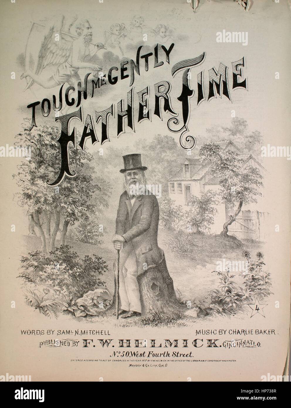 Imagen de cubierta de partituras de la canción "Me toque suavemente el  Padre Tiempo", con notas de autoría original leyendo 'Palabras de SAML N  Mitchell música por Charlie Baker", Estados Unidos, 1877.