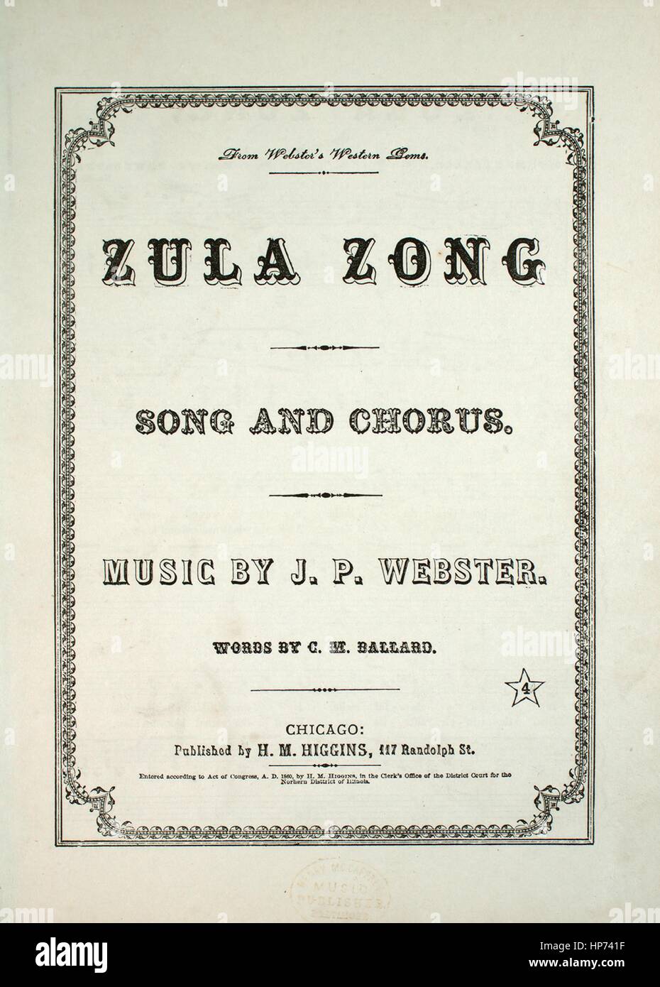 Imagen De Cubierta De Partituras De La Cancion Zula Cancion Y Los Coros De Webster S Gems Occidental Con Notas De Autoria Original Leyendo Musica Por Jp Webster Palabras Por Cm Ballard Estados