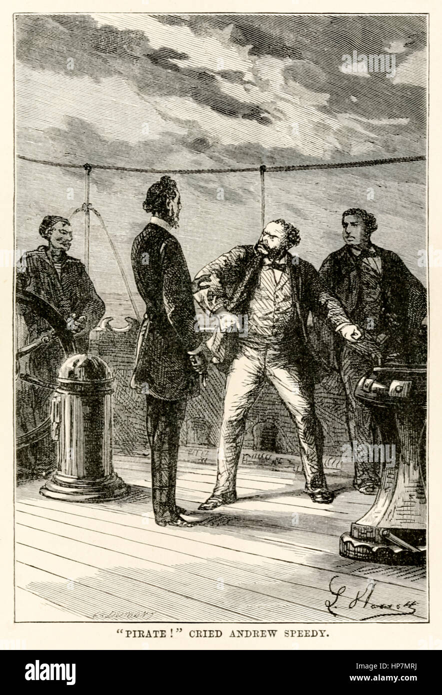 ""Pirata!" gritó Andrew Speedy." de "la vuelta al mundo en ochenta días' de Julio Verne (1828-1905), publicado en 1873 por Léon ilustración Benet (1839-1917) y grabado por Louis Dumont (nacido en 1822). Foto de stock