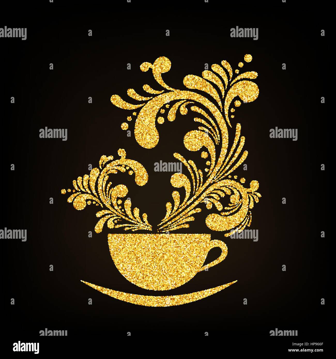 Vector Glitter Oro taza de café con aroma floral sobre fondo negro Ilustración del Vector